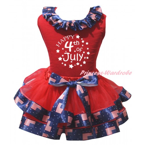 American's Birthday Red Pettitop Patriotic American Lacing & Red Patriotic American Trimmed Pettiskirt & White Happy 4th Of July Painting MG3003