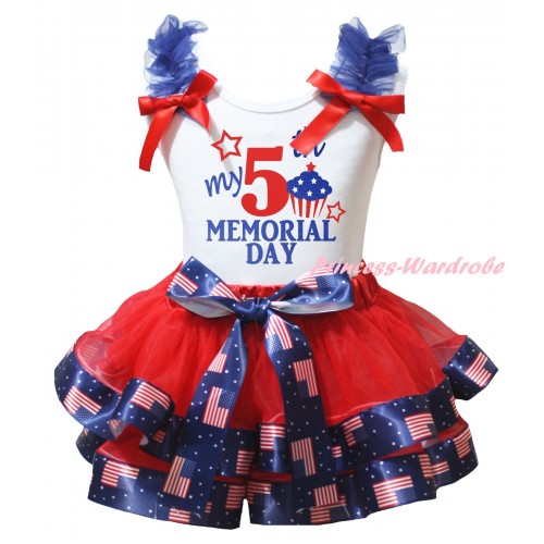 American's Birthday White Tank Top Royal Blue Ruffles Red Bows & Red Patriotic American Trimmed Pettiskirt & My 5th Memorial Day Painting MG3011