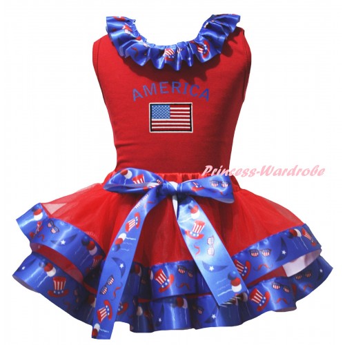 American's Birthday Red Pettitop US Hat Lacing & Red US Hat Trimmed Pettiskirt & Patriotic America Flag Print MG3039