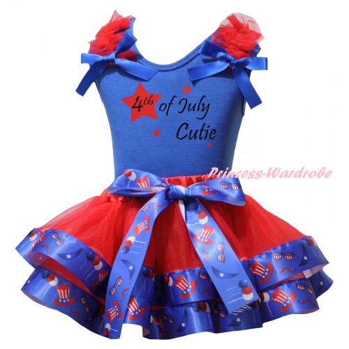 American's Birthday Blue Tank Top Red Ruffles Blue Bows & Red US Hat Trimmed Pettiskirt & 4th Of July Cutie Painting MG3047