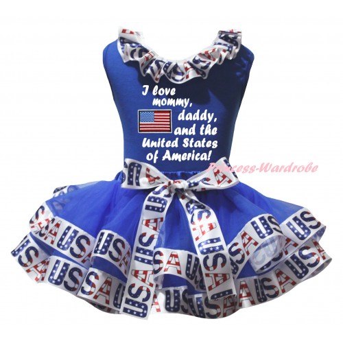 American's Birthday Blue Pettitop White USA Lacing & Blue White USA Trimmed Pettiskirt & Patriotic British Flag I Love Mommy, Daddy, And The United Kindom Painting MG3057