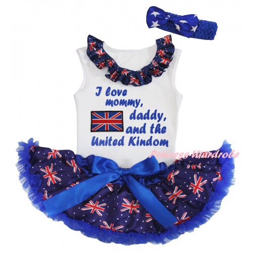 American's Birthday White Baby Pettitop & Patriotic British Lacing & Patriotic British Flag I Love Mommy, Daddy, And The United Kindom Painting & Royal Blue Patriotic British Baby Pettiskirt NG2444