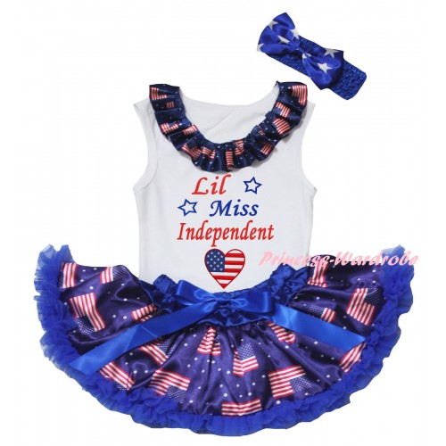 American's Birthday White Baby Pettitop & Patriotic American Lacing & Patriotic American Heart Lil Miss Independent Painting & Royal Blue Patriotic American Baby Pettiskirt NG2461