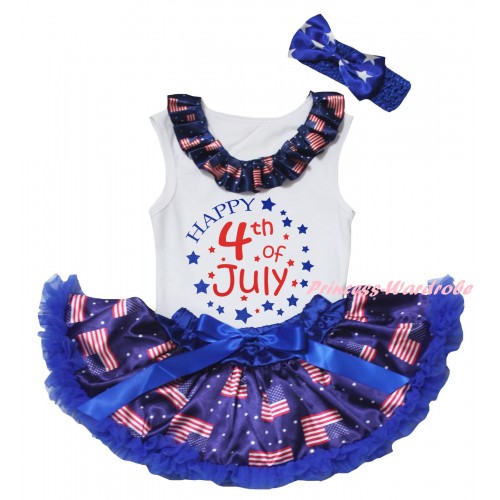 American's Birthday White Baby Pettitop & Patriotic American Lacing & Happy 4th Of July Painting & Royal Blue Patriotic American Baby Pettiskirt NG2462