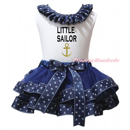 American's Birthday White Baby Pettitop Dark Blue Anchor Lacing & Dark Blue Anchor Trimmed Newborn Pettiskirt & Little Sailor Gold Anchor Painting NG2466