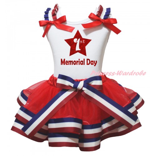 American's Birthday White Baby Top Red White Blue Striped Ruffles Red Bows & Sparkle Red 1st Memorial Day Painting & Red White Blue Striped Trimmed Newborn NG2468