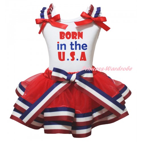 American's Birthday White Baby Top Red White Blue Striped Ruffles Red Bows & Born In The U.S.A Painting & Red White Blue Striped Trimmed Newborn NG2469