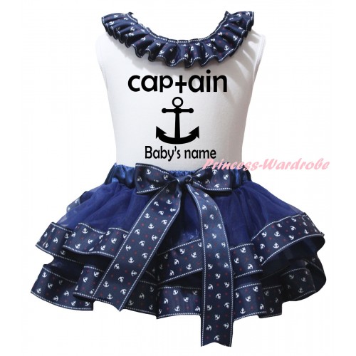 American's Birthday White Baby Pettitop Dark Blue Anchor Lacing & Dark Blue Anchor Trimmed Newborn Pettiskirt & Black Captain Anchor Baby's Name Painting NG2482