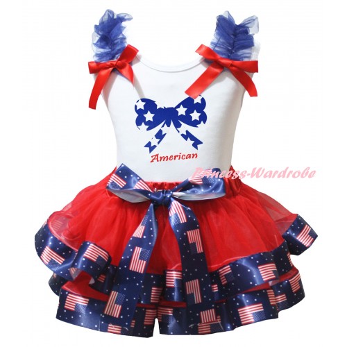 American's Birthday White Baby Top Royal Blue Ruffles Red Bows & Red Patriotic American Trimmed Newborn & Blue White Star Bow American Painting NG2503