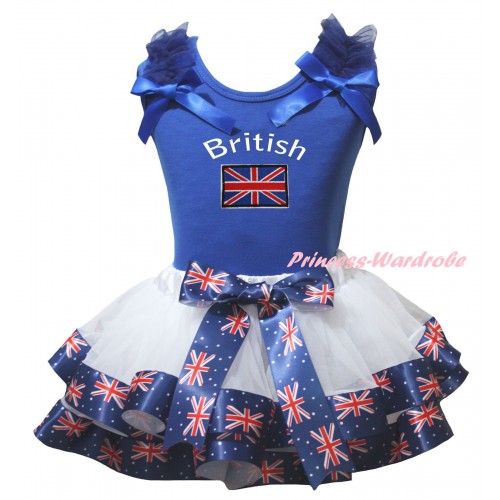 American's Birthday Blue Baby Top Dark Blue Ruffles Bows & White Patriotic British Trimmed Newborn & Patriotic British Flag Print NG2513