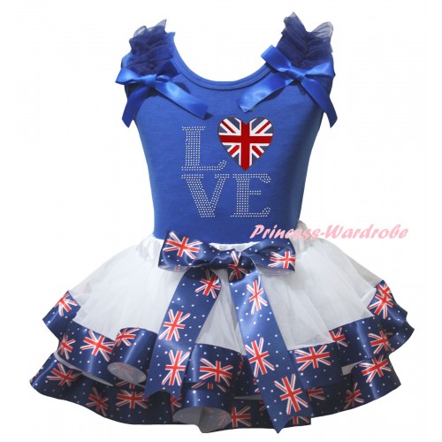 American's Birthday Blue Baby Top Dark Blue Ruffles Bows & White Patriotic British Trimmed Newborn & Sparkle Rhinestone Love British Flag Print NG2514