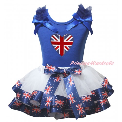 American's Birthday Blue Baby Top Dark Blue Ruffles Bows & White Patriotic British Trimmed Newborn & Patriotic British Heart Flag Print NG2516