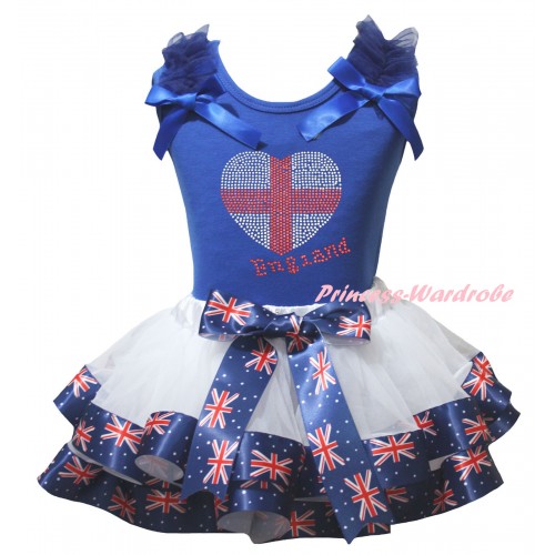 American's Birthday Blue Baby Top Dark Blue Ruffles Bows & White Patriotic British Trimmed Newborn & Sparkle Crystal Bling Rhinestone England Heart Print NG2518