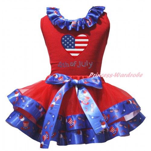 American's Birthday Red Baby Pettitop US Hat Lacing & Red US Hat Trimmed Newborn Pettiskirt & Rhinestone American Heart 4th Of July Print NG2525
