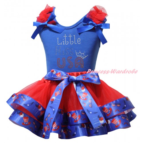 American's Birthday Blue Baby Pettitop Red Ruffles Blue Bows & Red US Hat Trimmed Newborn Pettiskirt & Sparkle Rhinestone Little Miss USA Print NG2529