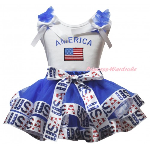 American's Birthday White Baby Pettitop Blue Ruffles White Bows & Blue White USA Trimmed Newborn Pettiskirt & Patriotic America Flag Print NG2535