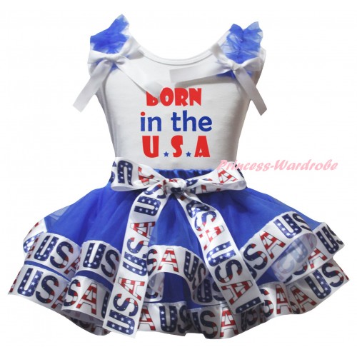 American's Birthday White Baby Pettitop Blue Ruffles White Bows & Blue White USA Trimmed Newborn Pettiskirt & Born In The U.S.A Painting NG2537