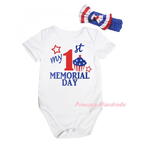 American's Birthday White Baby Jumpsuit & My 1st Memorial Day Painting & Blue Headband Bow TH938