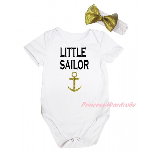 White Baby Jumpsuit & Little Sailor Gold Anchor Painting & Gold Headband Bow TH940
