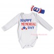 American's Birthday White Baby Jumpsuit & Happy Memorial Day Painting & Blue Headband Bow TH942