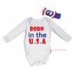 American's Birthday White Baby Jumpsuit & Born In The U.S.A Painting & Blue Headband Bow TH944