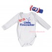 American's Birthday White Baby Jumpsuit & Born On July 4th Little Firecracker Painting & Blue Headband Bow TH946
