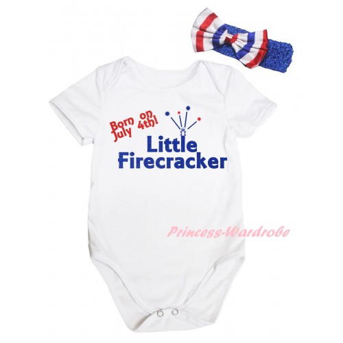 American's Birthday White Baby Jumpsuit & Born On July 4th Little Firecracker Painting & Blue Headband Bow TH946