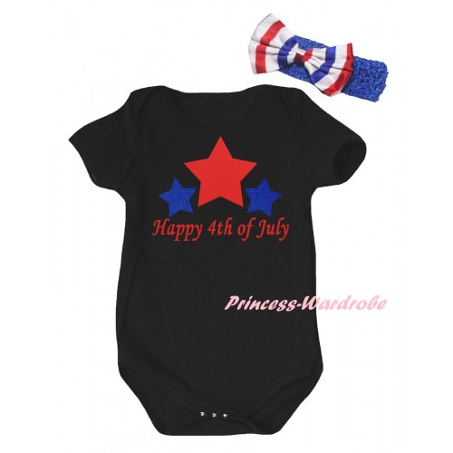 American's Birthday Black Baby Jumpsuit & Happy 4th Of July Painting & Blue Headband Bow TH951