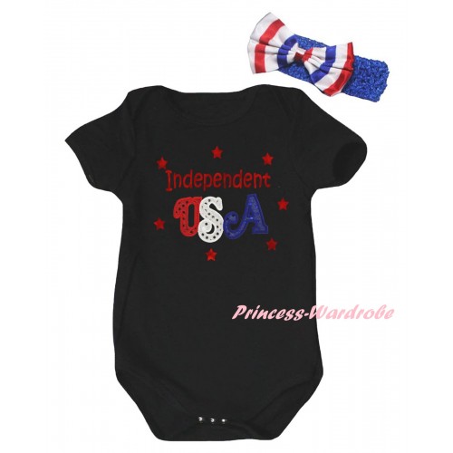 American's Birthday Black Baby Jumpsuit & Sparkle Red Independent USA Print  & Blue Headband Bow TH955