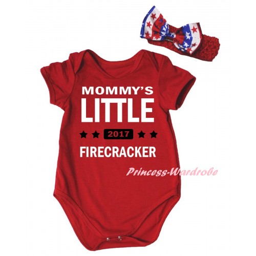 American's Birthday Red Baby Jumpsuit & Mommy's Little 2017 Firecracker Painting & Red Headband Bow TH957