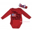 American's Birthday Red Baby Jumpsuit & Patriotic America Flag I Love Mommy, Daddy, And The United States of America! Painting & Red Headband Bow TH958