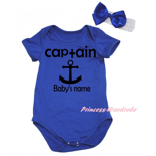 Royal Blue Baby Jumpsuit & Black Captain Anchor Baby's Name Painting & White Headband Bow TH961