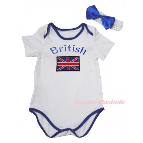 American's Birthday White Royal Blue Piping Baby Jumpsuit & Patriotic British Flag Print & Headband TH966