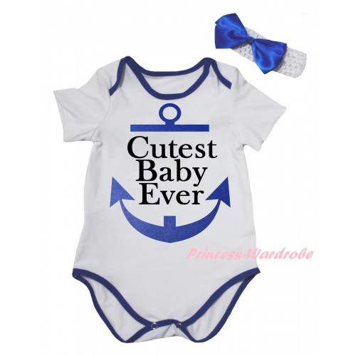 White Royal Blue Piping Baby Jumpsuit & Cutest Baby Ever Painting & Headband TH967