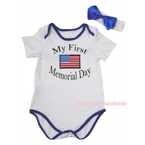 American's Birthday White Royal Blue Piping Baby Jumpsuit & My First America Memorial Day Painting & Headband TH970