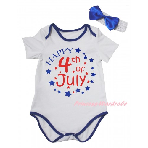 American's Birthday White Royal Blue Piping Baby Jumpsuit & Happy 4th Of July Painting & Headband TH973