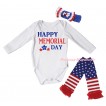 American's Birthday White Baby Jumpsuit & Happy Memorial Day Painting & Blue Headband Bow & Warmers Leggings Set TH975