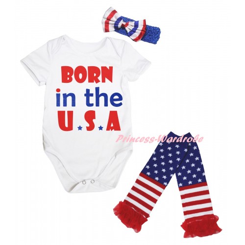 American's Birthday White Baby Jumpsuit & Born In The U.S.A Painting & Blue Headband Bow & Warmers Leggings Set TH977
