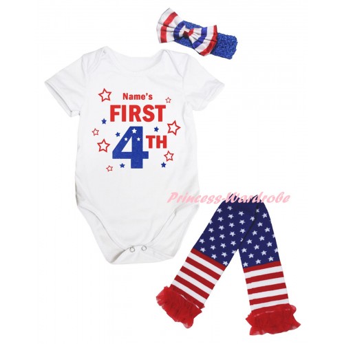 American's Birthday White Baby Jumpsuit & Name's First 4th Painting & Blue Headband Bow & Warmers Leggings Set TH978