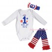 American's Birthday White Baby Jumpsuit & My 1st 4th Of July Painting & Blue Headband Bow & Warmers Leggings Set TH979