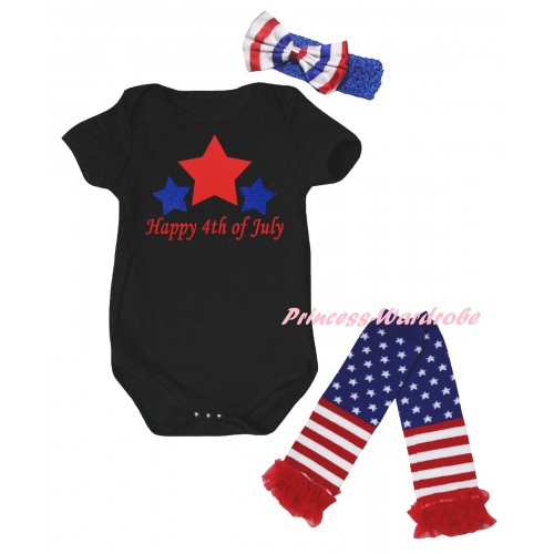 American's Birthday Black Baby Jumpsuit & Happy 4th Of July Painting & Blue Headband Bow & Warmers Leggings Set TH980