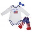 American's Birthday White Royal Blue Piping Baby Jumpsuit & Patriotic America Flag Print & Headband & Warmers Leggings Set TH981