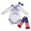 American's Birthday White Royal Blue Piping Baby Jumpsuit & Miss 4th Of July Painting & Headband & Warmers Leggings Set TH983