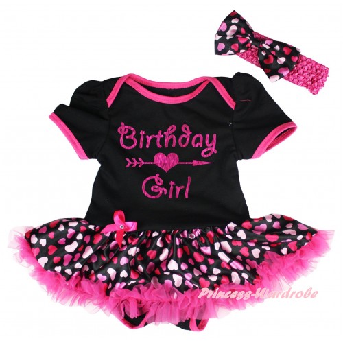 Black Baby Bodysuit Hot Pink Heart Pettiskirt & Birthday Girl Painting JS6654