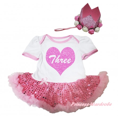 White Baby Bodysuit Bling Light Pink Sequins Pettiskirt & Three Heart Painting & Glitter Rose Floral Pink Crown Headband JS6666