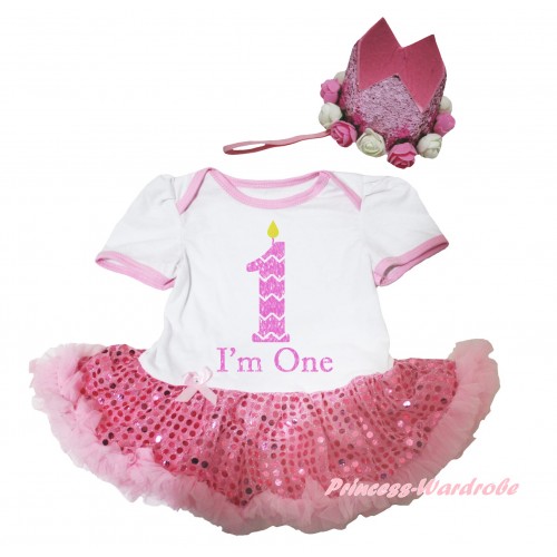 White Baby Bodysuit Bling Light Pink Sequins Pettiskirt & I'm One Birthday Candle Painting & Glitter Rose Floral Pink Crown Headband JS6667