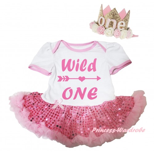 White Baby Bodysuit Bling Light Pink Sequins Pettiskirt & Wild One Painting & Glitter Rose Floral Gold Crown Headband JS6671