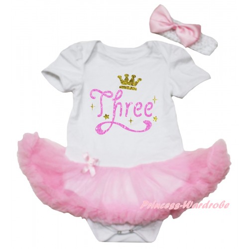 White Baby Bodysuit Light Pink Pettiskirt & Bling Birthday Three Crown Painting JS6678