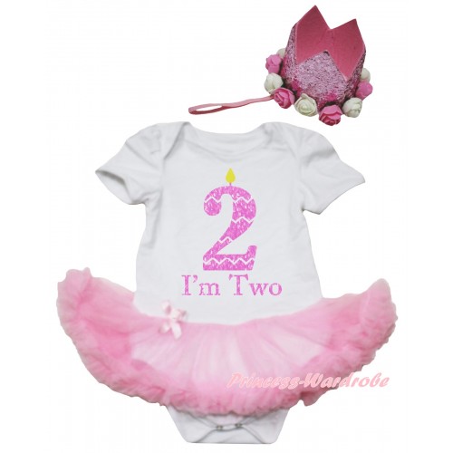 White Baby Bodysuit Light Pink Pettiskirt & I'm Two Birthday Candle Painting & Glitter Rose Floral Pink Crown Headband JS6680