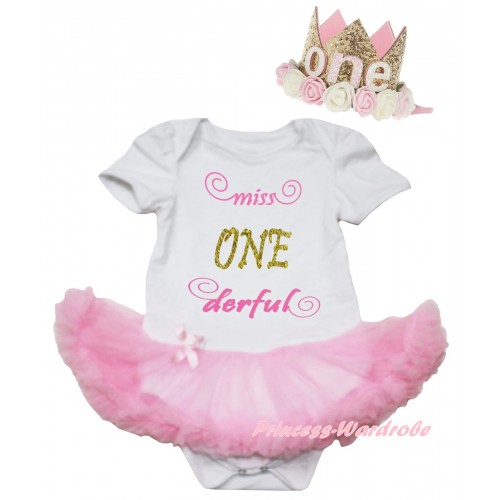 White Baby Bodysuit Light Pink Pettiskirt & Miss ONE Derful Painting & Glitter Rose Floral Gold Crown Headband JS6682